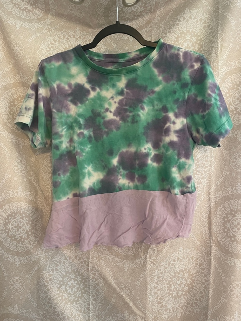 Green & Purple Tie-Dye asymmetrical cropped Tee (handmade)
